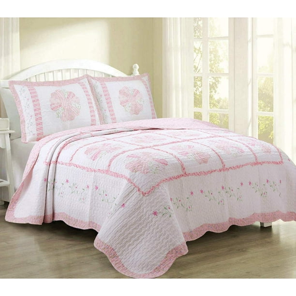 100% Cotton Quilt Bedspread Queen Size 3Pcs Reversible Embroidered 90”X100” 6lbs